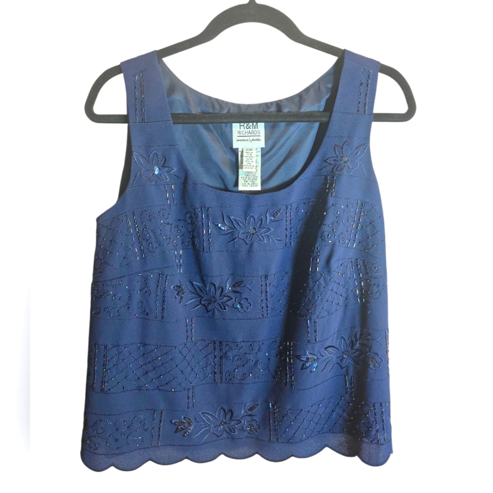 R&M Richards Vintage Women's Blue Embroidered Beaded Top Size Large